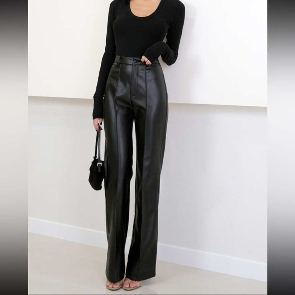 Commense Black High-Waist Wide-Leg Faux Leather Pants